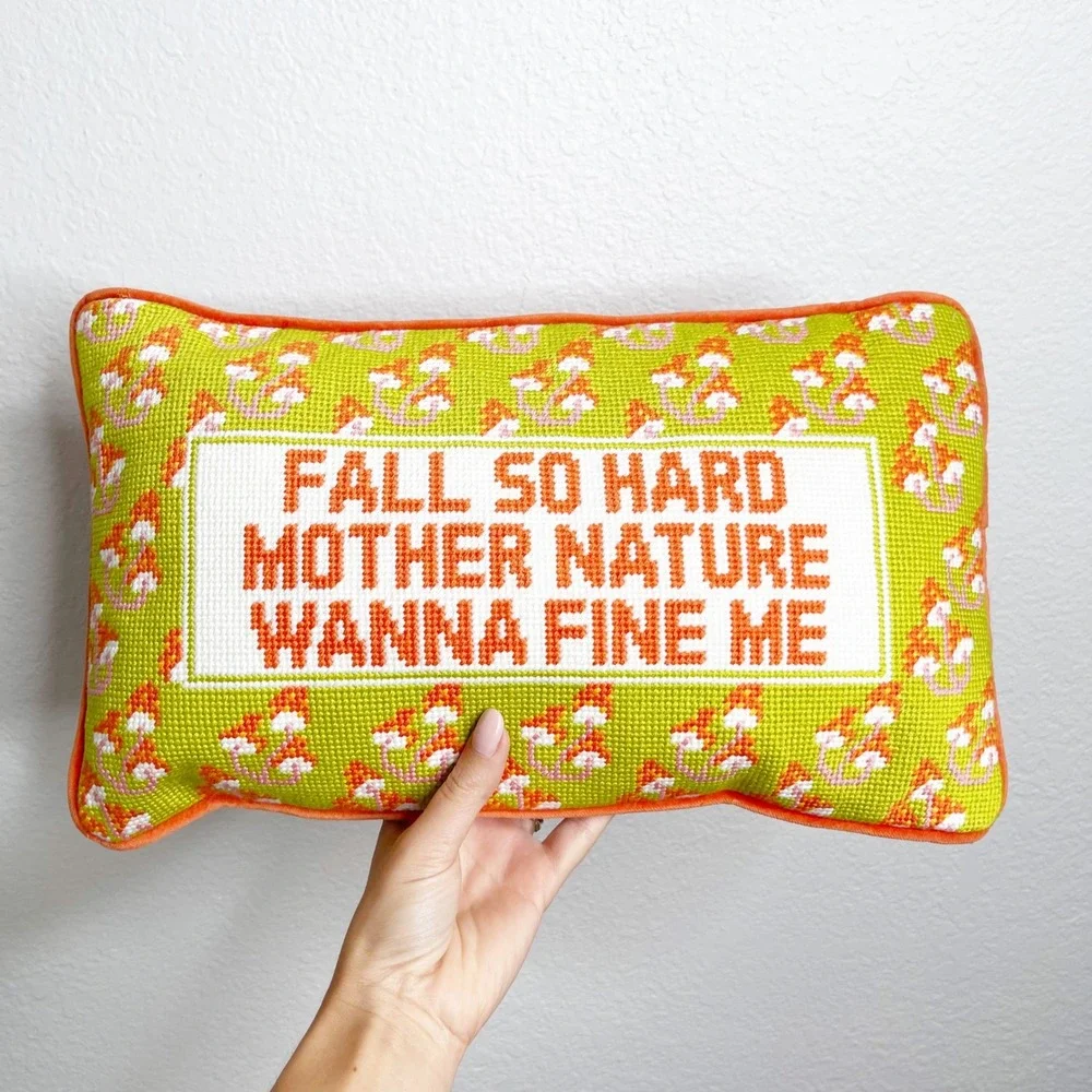 Furbish Studio Fall So Hard Mother Nature Needlepoint Pillow Green Orange New